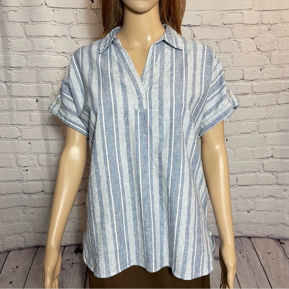 NWT New Sigrid Olsen Striped Linen Blend Blue Shirt Size S - Picture 2 of 9